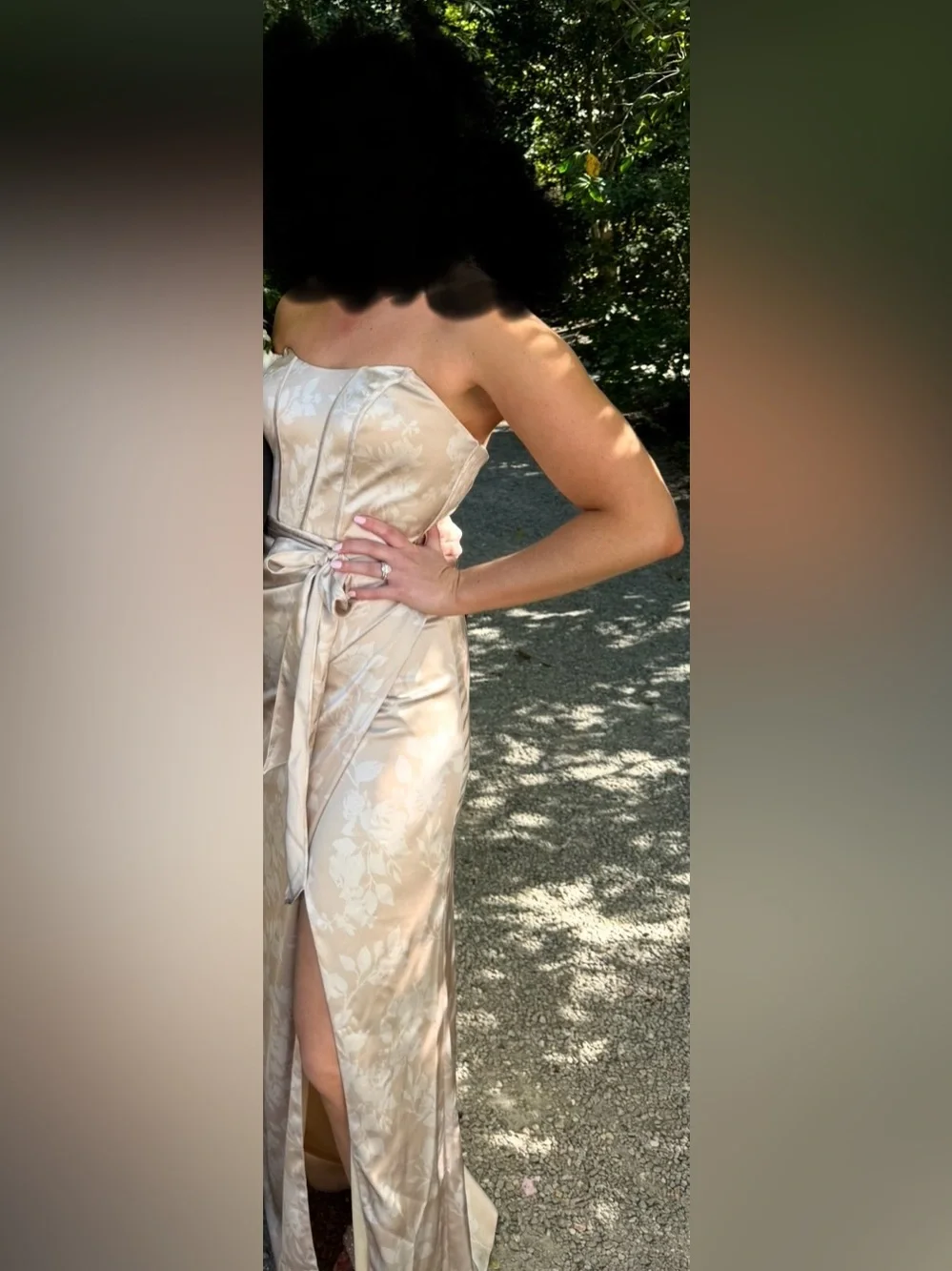 Revelry “Amara” Strapless Bridesmaid Dress — Champagne Floral Print